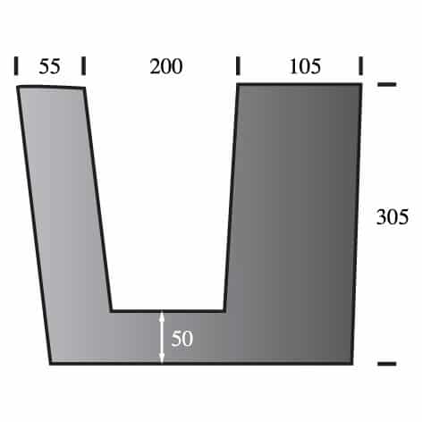 Cross-section diagram of a trapezoidal channel with dimensions labeled in millimeters.