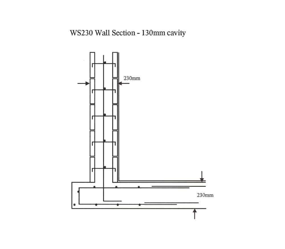 Cross-section diagram of a WS230 wall with a 130mm cavity and 230mm thick wall structure.