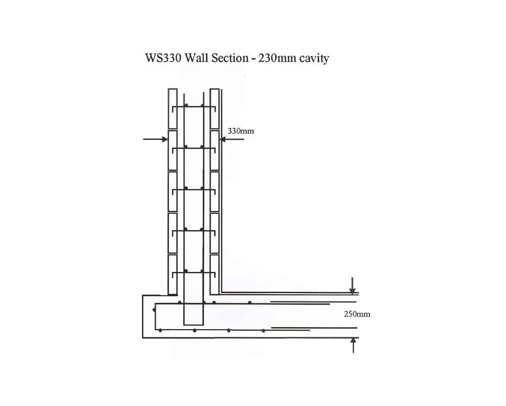 Simple wall section diagram labeled "WS330" with 230mm cavity, 330mm width, and 250mm base.